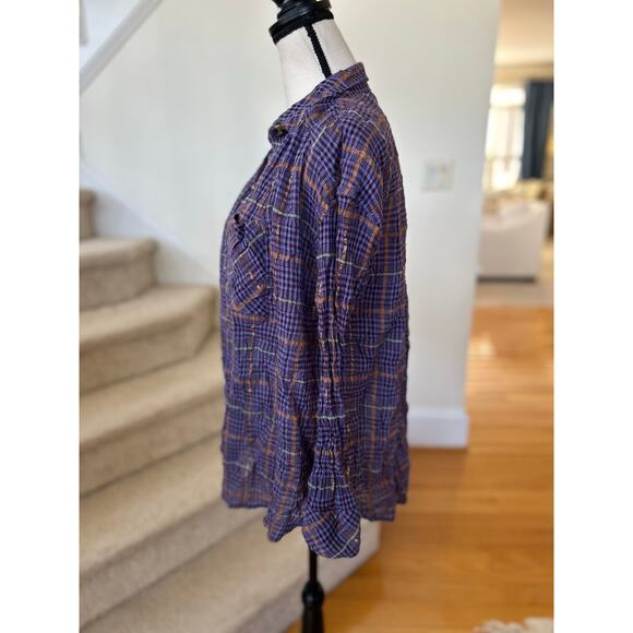 Free People Purple Orange Metallic Plaid Oversize Slouchy Button Down - Picture 4 of 8